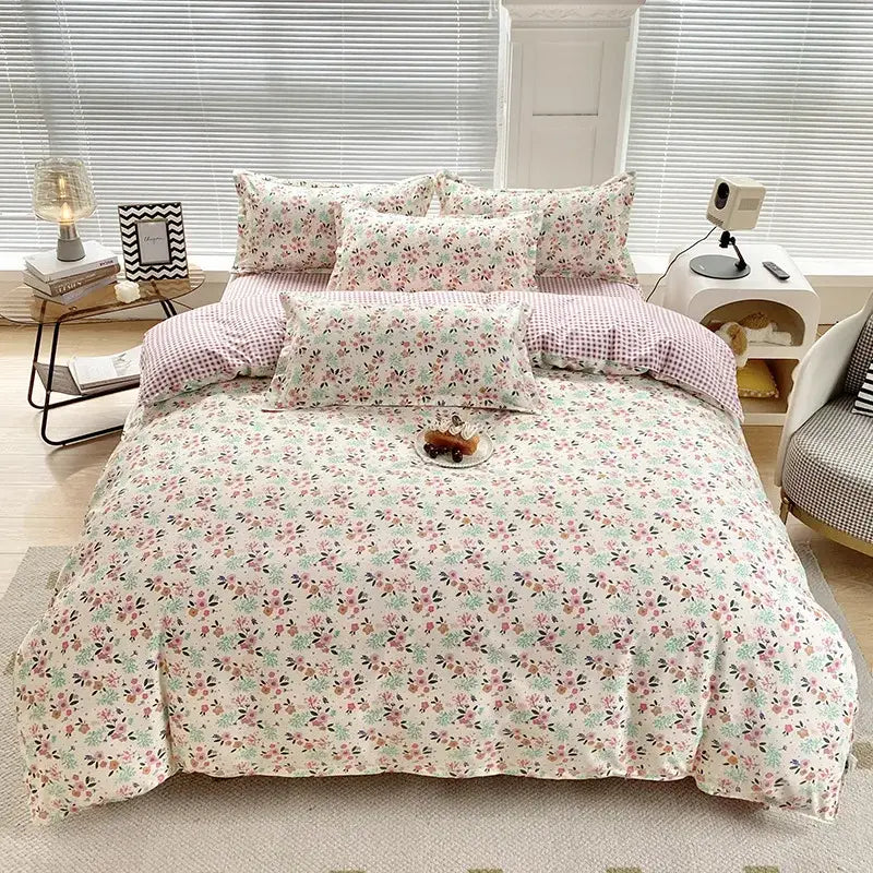 Decorbites aloe cotton printed bedding set in soft cream with pink and mint floral pattern for cozy adult use