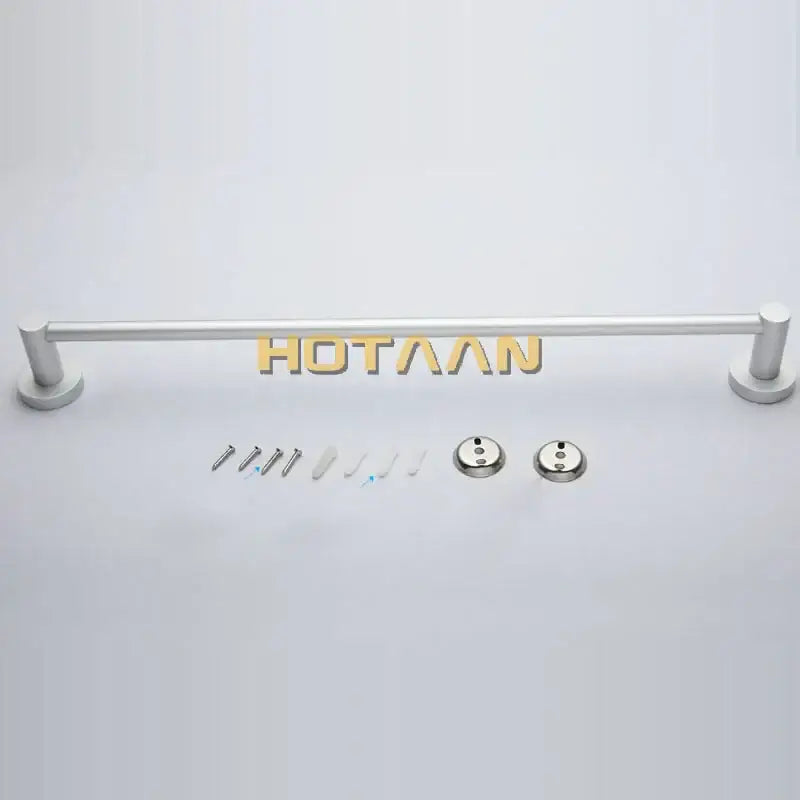Silver-finished aluminium towel bar rail holder with cylindrical ends and mounting hardware for bathroom use
