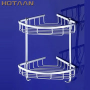 White aluminium double shelf corner basket angel rack with curved wire mesh shelves and rounded edges for bathroom use