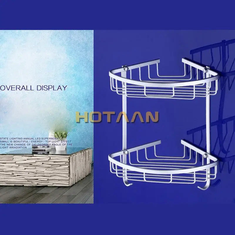 Decorbites™ aluminium double shelf corner basket angel rack in white metal with a sleek modern two-tier design