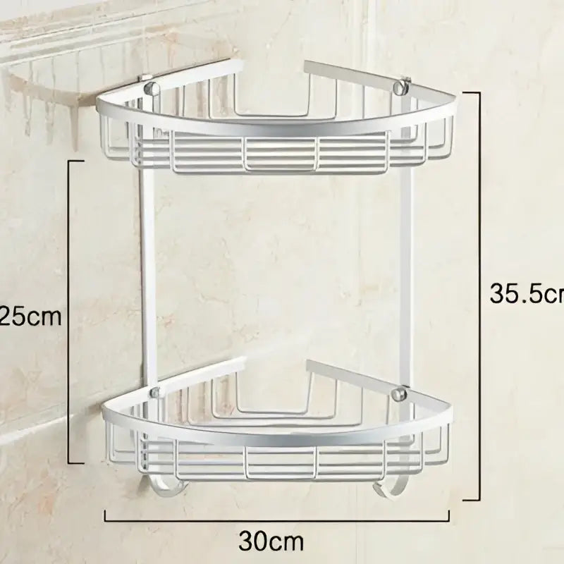 Silver aluminium double shelf corner basket angel rack with wire mesh design for kitchen and bathroom storage