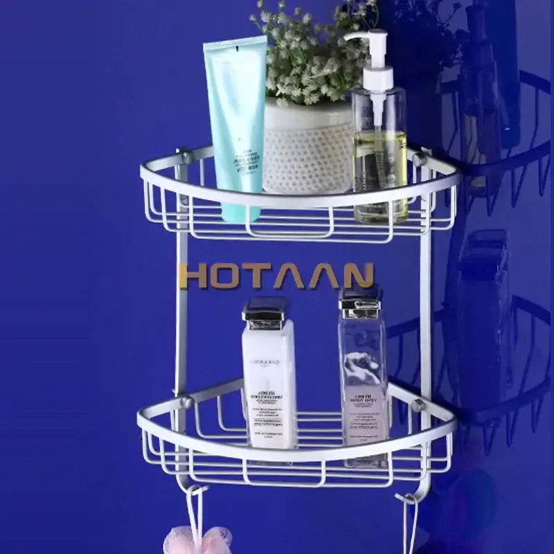 White metal aluminium double shelf corner basket angel rack with wire mesh shelves and hanging hooks for bathroom use