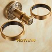 Decorbites™ aluminium double tumbler holder with antique brass double towel ring and ornate floral detailing