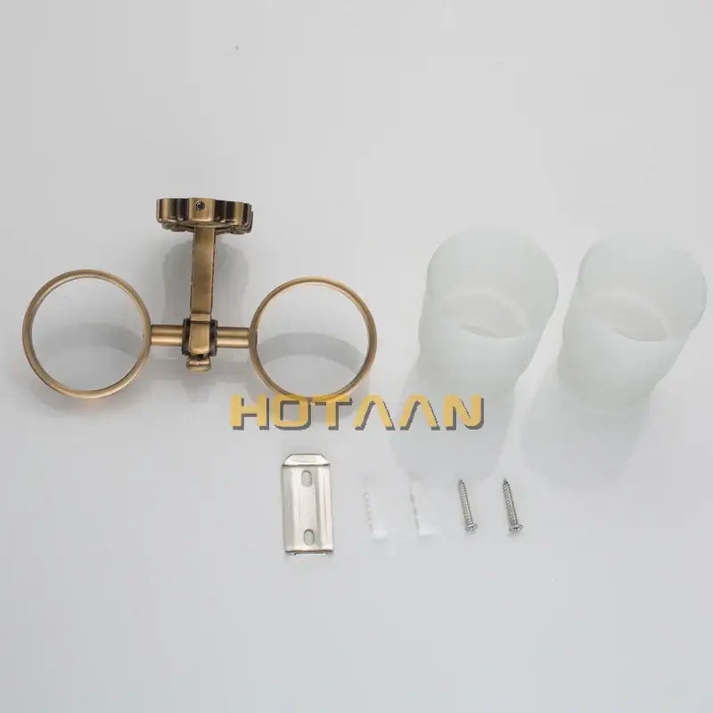 Brass double tumbler holder with two frosted plastic cups and mounting hardware for bathroom use by DecorBites