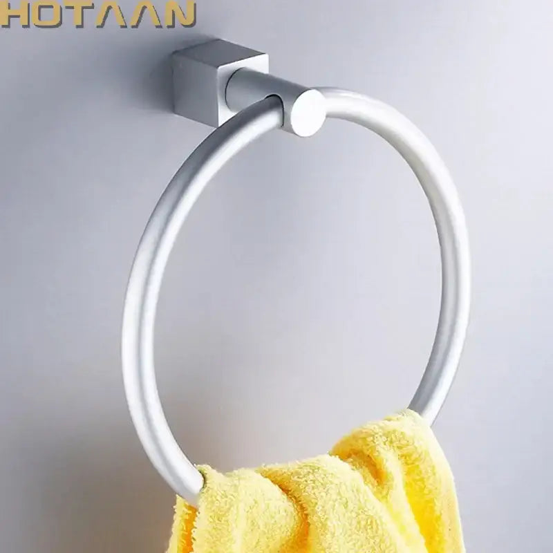 Silver-toned aluminium round towel holder ring with sleek modern square wall-mounted design for bathroom accessories