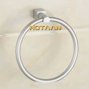 Silver-toned aluminium round towel holder ring with square wall mount for bathroom accessories by DecorBites