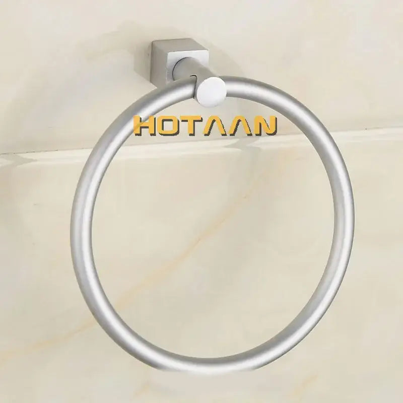 Silver-toned aluminium round towel holder ring with square wall mount for bathroom accessories by DecorBites