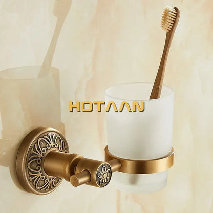 Antique brass-finished aluminium single tumbler holder with frosted glass cup for bathroom accessories cup holder