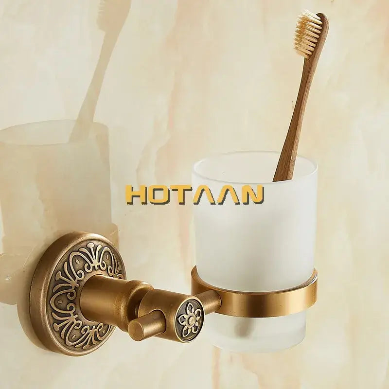Antique brass-finished aluminium single tumbler holder with frosted glass cup for bathroom accessories cup holder