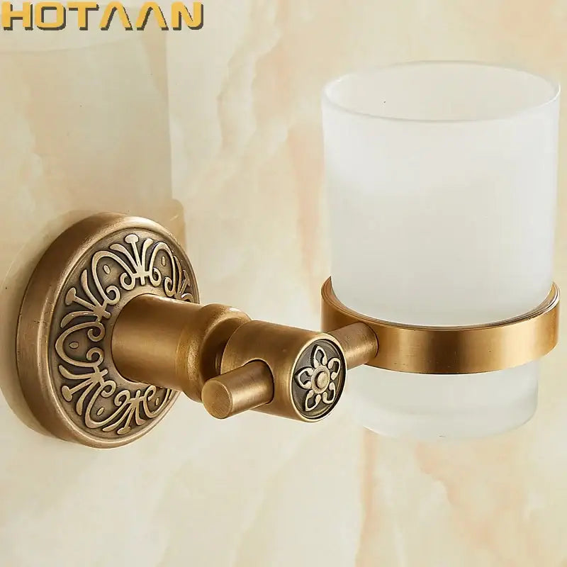 Decorbites aluminium single tumbler holder with antique brass finish cup holder and frosted white glass cup for bathroom use