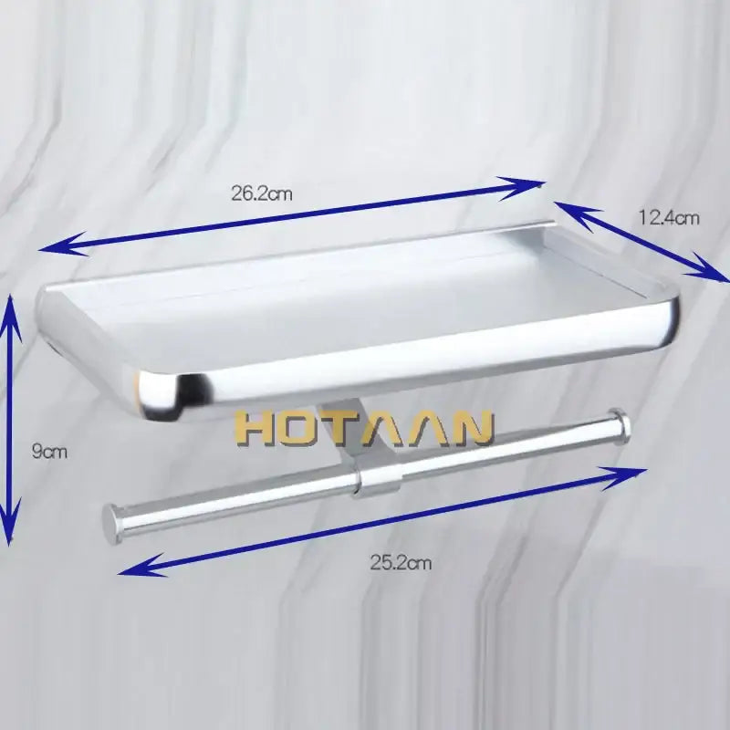Chrome finished rectangular aluminium paper holder with sleek modern design and integrated mounting bracket for bathroom use