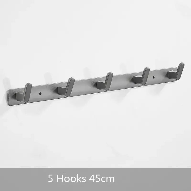 Silver metallic wall-mounted coat rack with five hooks made of aluminum alloy for bathroom or robe holding