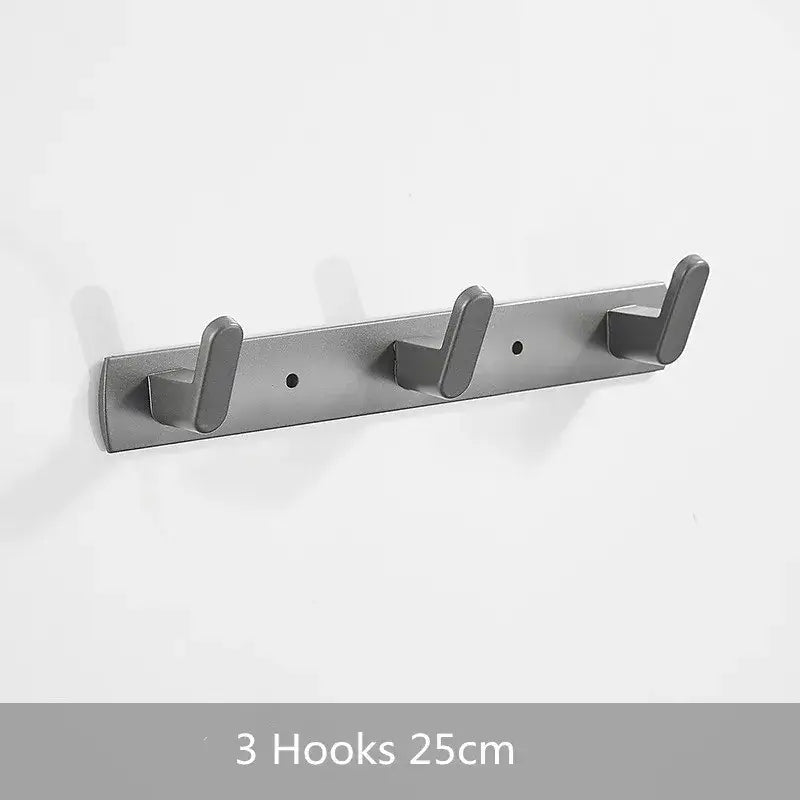 Modern matte gray aluminum alloy wall-mounted coat rack with three evenly spaced alloy towel hooks for bathroom use