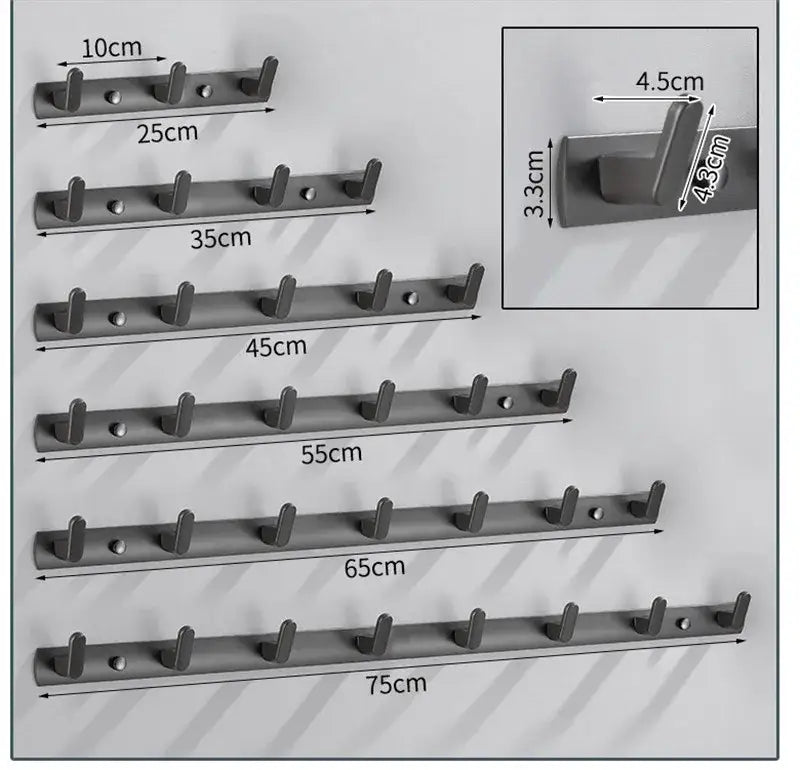 Set of sleek matte black aluminum alloy towel hooks wall mounted in various lengths for bathroom and robe use