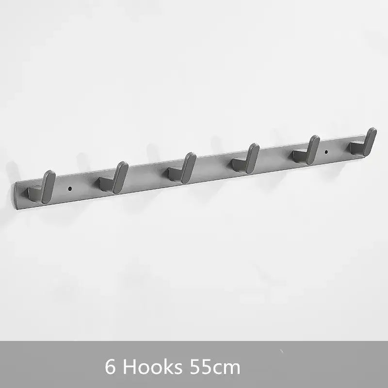 Silver metallic wall-mounted aluminum alloy towel hooks rack with six evenly spaced alloy towel hooks for bathroom use