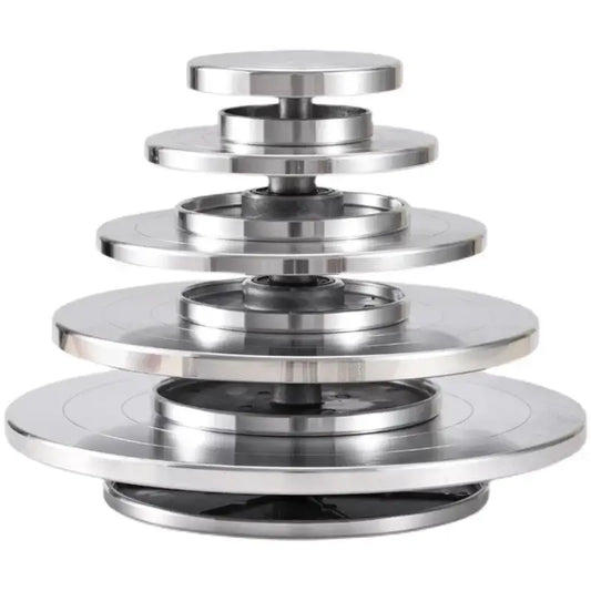 Stainless steel tiered cake stand with sleek reflective finish and concentric design for aluminum alloy turntable use
