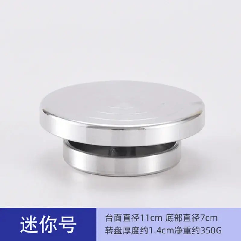 Shiny silver aluminum alloy turntable with flat circular top and cylindrical base for clay sculpture rotation