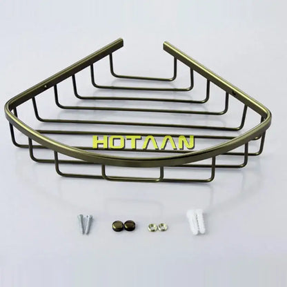 Antique brass-finished aluminum shower basket holder with grid design for single-layer corner shower basket shelf