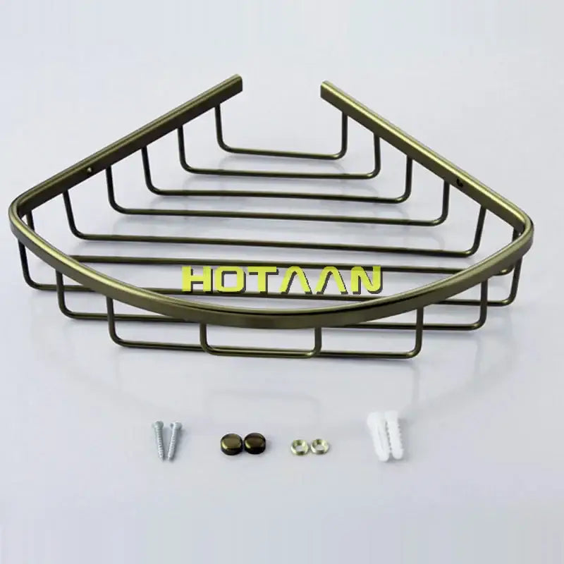 Antique brass-finished aluminum shower basket holder with grid design for single-layer corner shower basket shelf