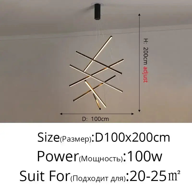 Modern geometric aluminum bar led chandelier with intersecting metallic rods and black ceiling mount for indoor lighting