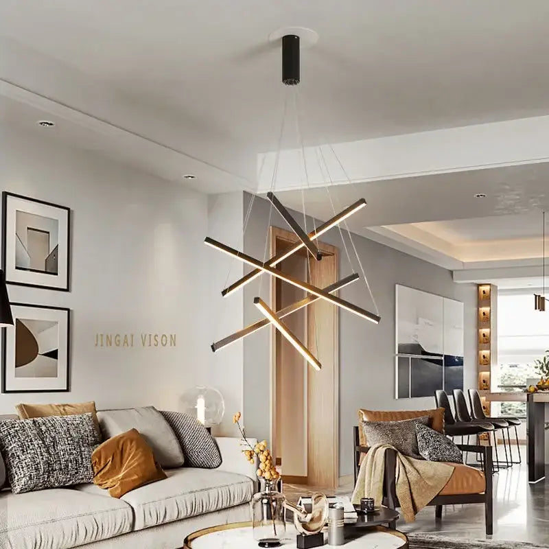 DecorBites aluminum bar led chandelier with modern black and gold geometric rods for stair hall and living room lighting
