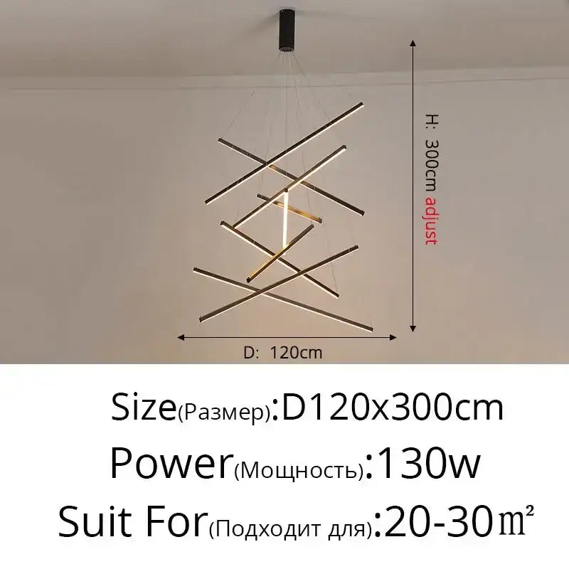 Modern geometric decorbites™ aluminum bar led chandelier with intersecting black and gold rods for indoor lighting