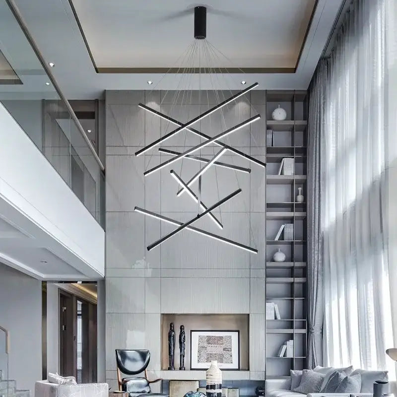 Modern black and white aluminum bar led chandelier with intersecting geometric bars for indoor stair hall lighting