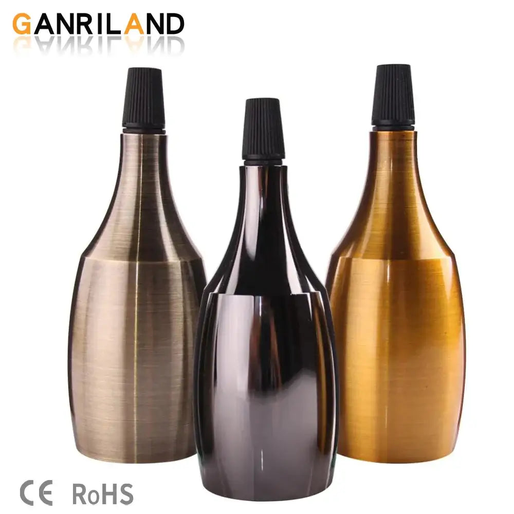 Three metallic lamp shades in brushed bronze, glossy black, and gold with ribbed black caps for decorbites aluminum base e27 lamp holder