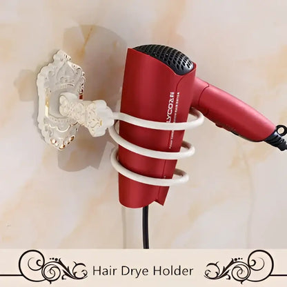 Decorbites™ aluminum bath hardware set with red hair dryer mounted on decorative white wall holder for organized storage