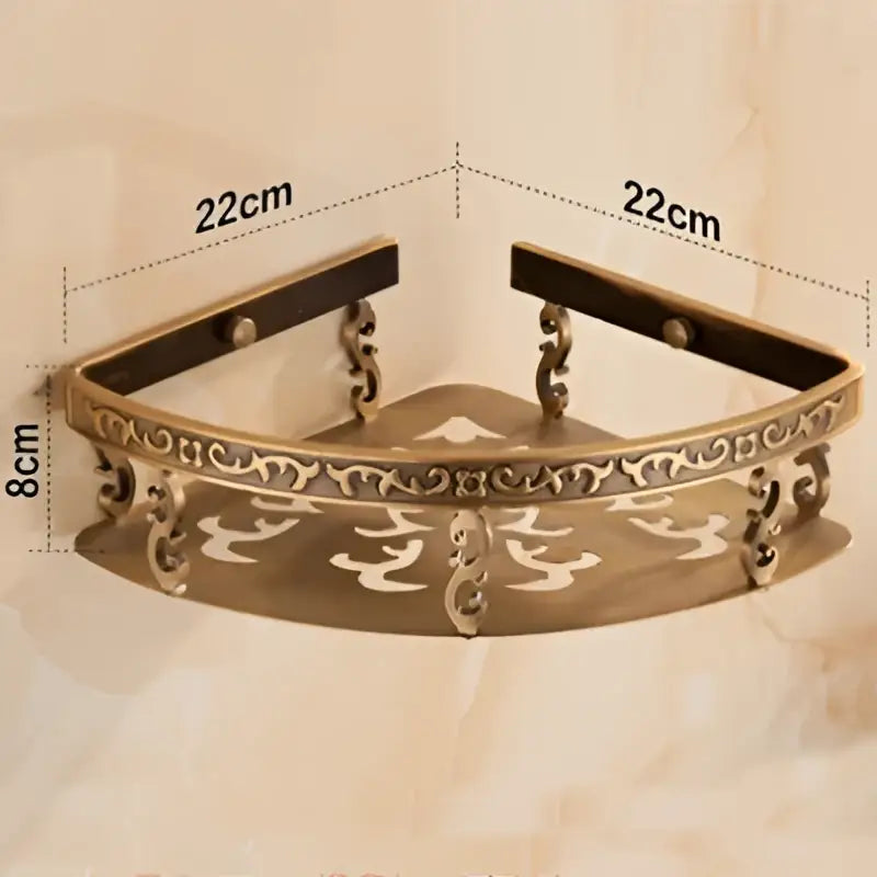 Antique brass aluminum bathroom corner shelf with ornate scrollwork and cut-out patterns for shower room use