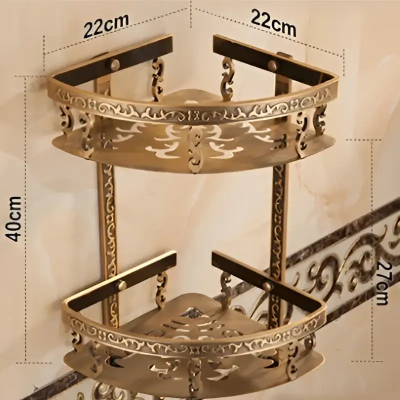 Decorbites™ aluminum bathroom corner shelf with brass antique finish and ornate scrollwork for bathroom corner use