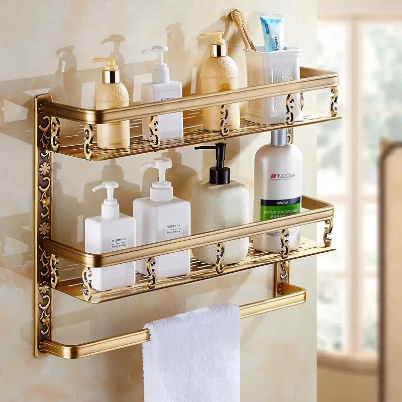 Decorbites™ gold-colored aluminum bathroom corner shelf with two tiers and towel bar in antique finish for shower room