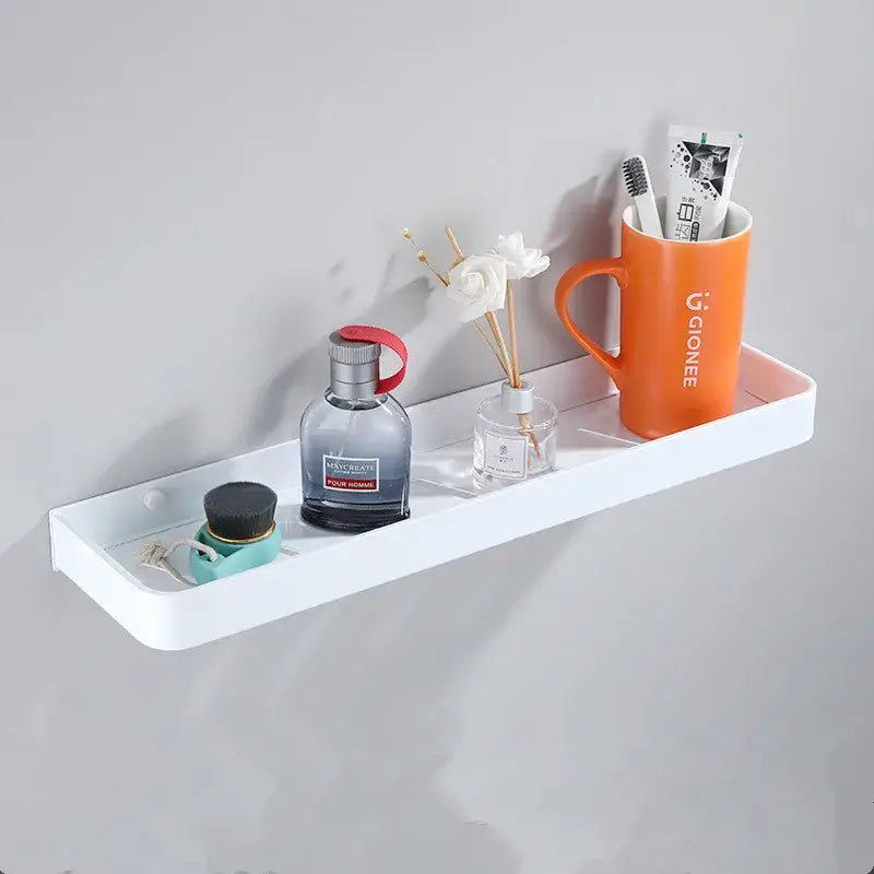 White rectangular aluminum corner shelf with rounded edges and glossy finish for bathroom corner storage