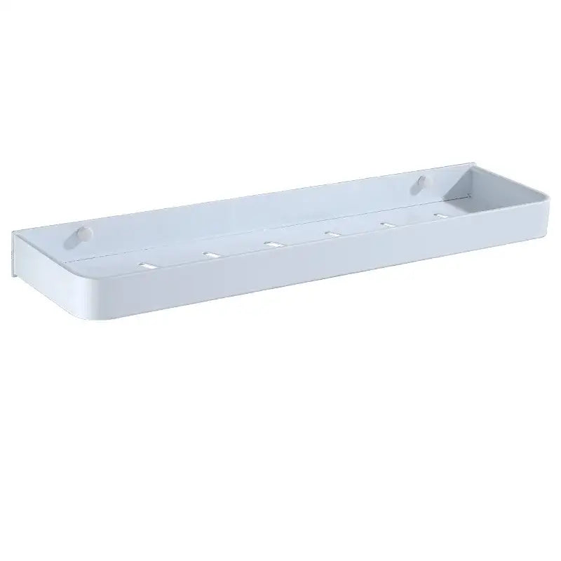 White aluminum decorbites™ bathroom corner shelf wall mounted with minimalist design and subtle cutouts for storage