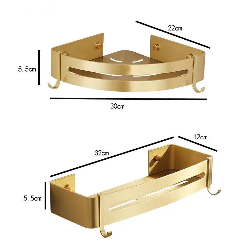 Gold-colored aluminum bathroom corner shelf brackets with straight and corner design and integrated hooks for shower storage