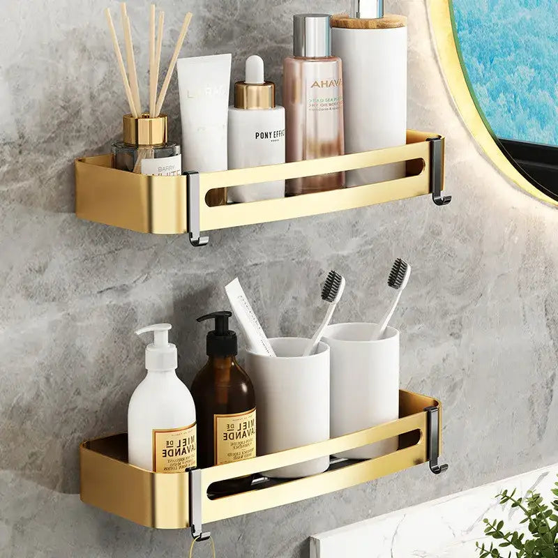 Decorbites aluminum bathroom corner shelf in gold with sleek modern design and black accent hardware wall mounted holder