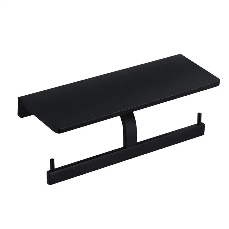 Black metal aluminum bathroom paper holder with sleek modern design and flat shelf for phone and paper roll mounting