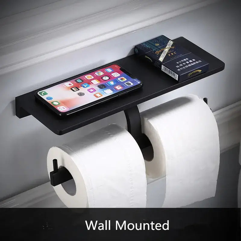 DecorBites™ black aluminum bathroom paper holder wall-mounted with shelf for phone and small items