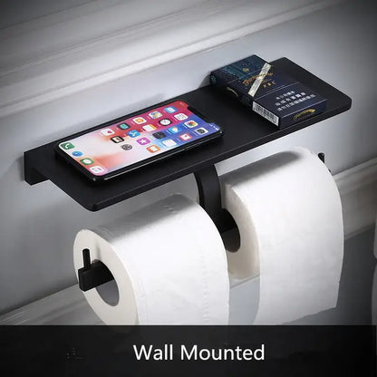 Black decorbites™ aluminum bathroom paper holder with shelf for phone and items wall mounted bathroom paper holder