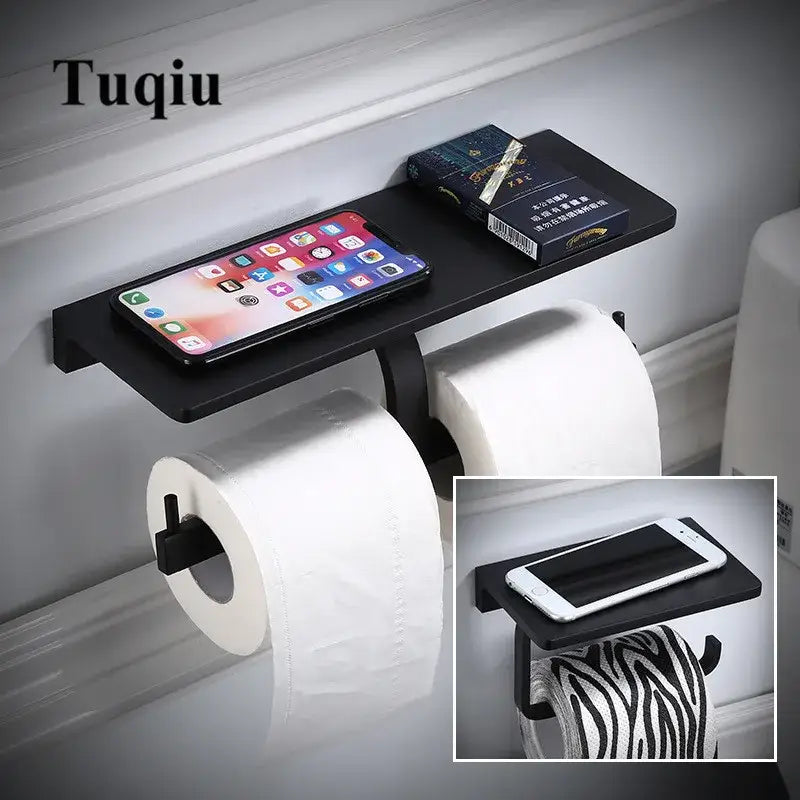Black aluminum bathroom paper holder with integrated shelf for phones and small items by DecorBites™ wall mount