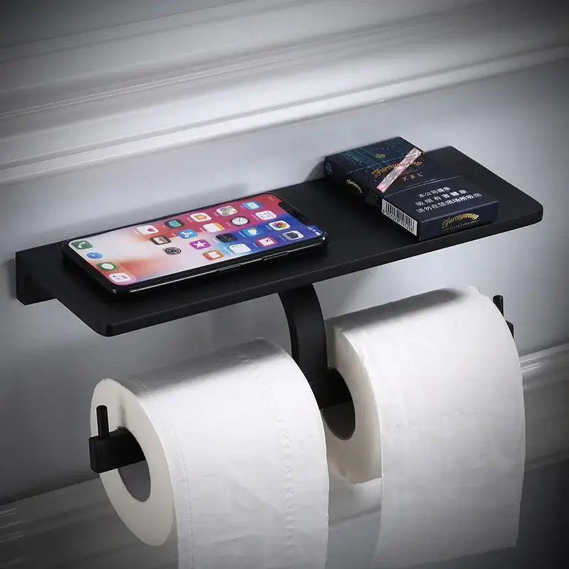 Black metal aluminum bathroom paper holder with integrated shelf and phone holder wall mount by decorbites