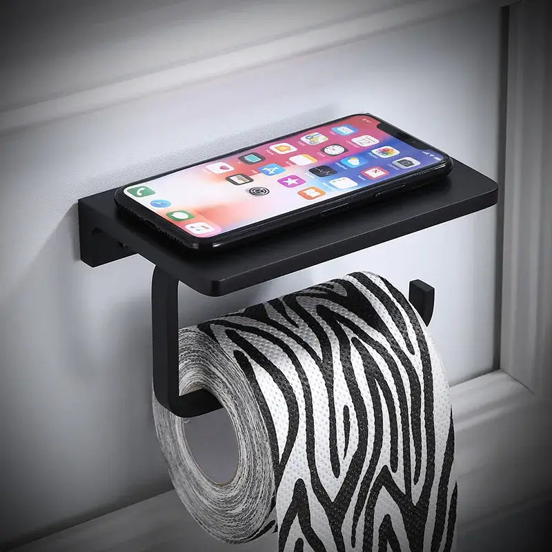 Black aluminum bathroom paper holder with phone holder shelf and wall mount for modern bathroom use