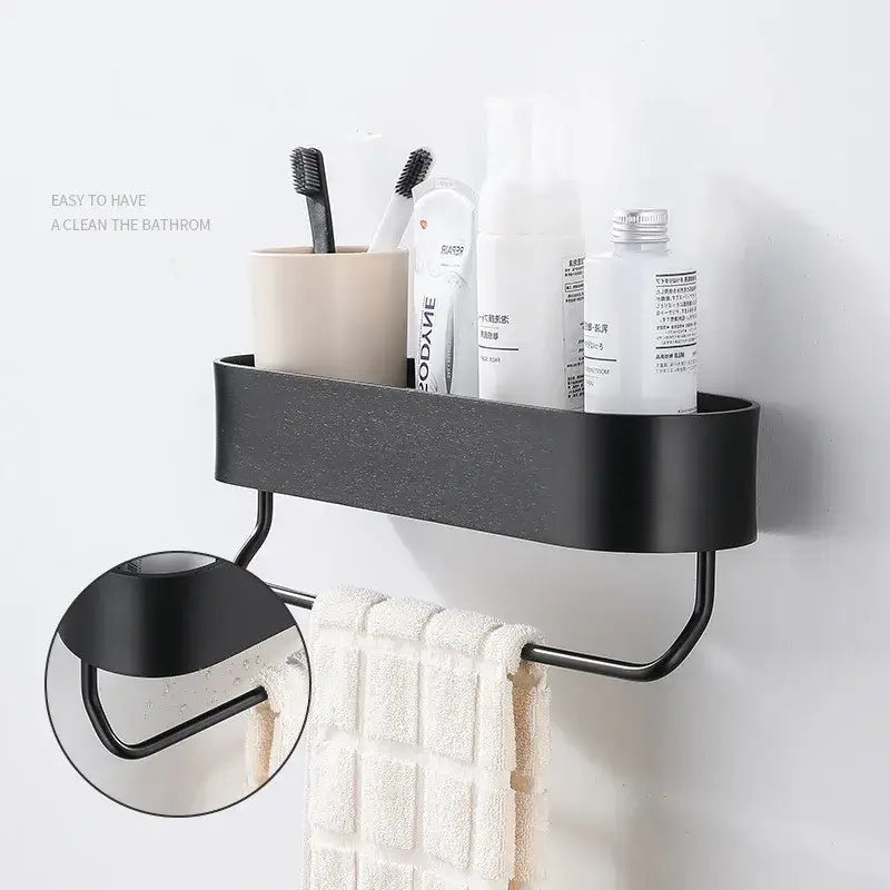 Decorbites aluminum bathroom shelf in black metal with rectangular shelf and towel bar for bath and shower organization