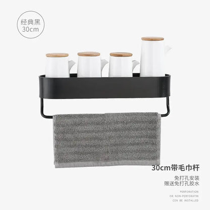 Black 30cm wall-mounted aluminum bathroom shelf with towel bar and ceramic cup holder with wooden lids by decorbites