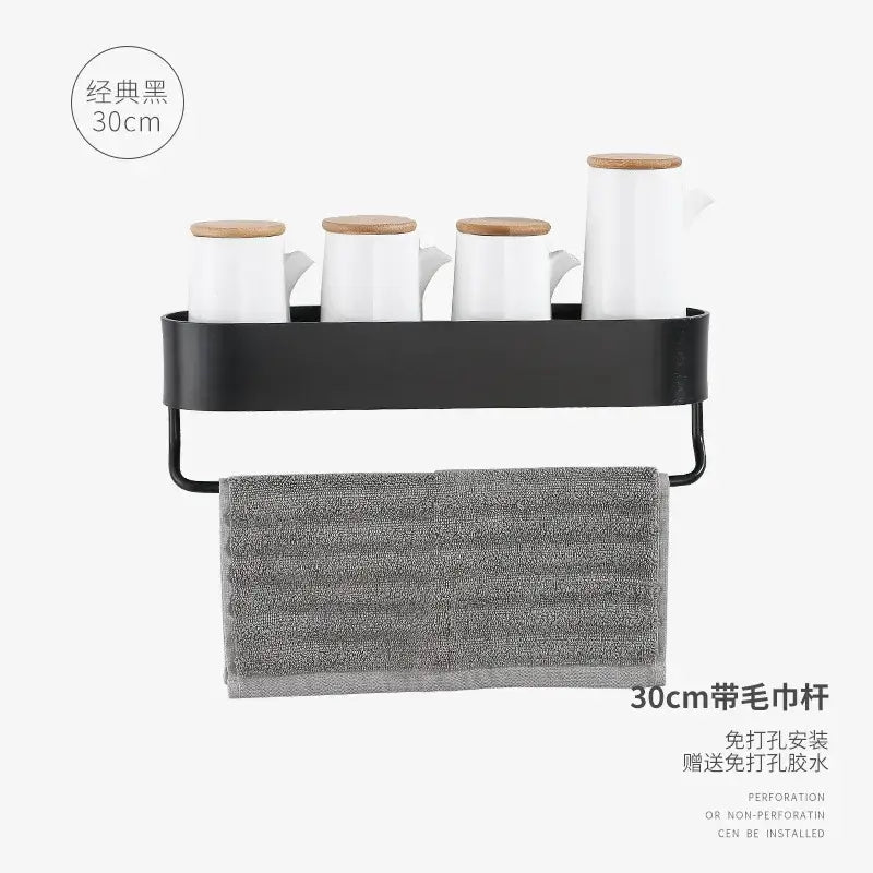 Black 30cm wall-mounted aluminum bathroom shelf with towel bar and ceramic cup holder with wooden lids by decorbites