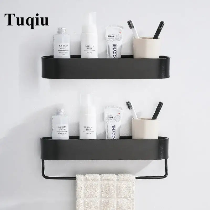 Black minimalist aluminum bathroom shelf with integrated towel bar for bath and shower organization by decorbites