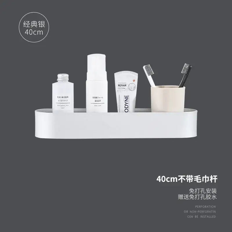 White rectangular aluminum bathroom shelf with towel bar in silver finish for bath and shower organization by decorbites