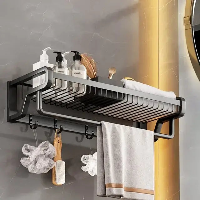 Decorbites aluminum bathroom towel holder in black metal with wire mesh storage basket and integrated towel bar