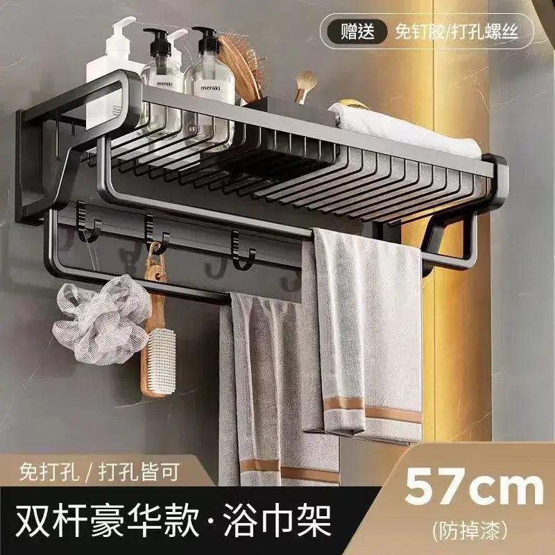Black metal double-bar aluminum bathroom towel holder with wire mesh storage basket and hooks by DecorBites