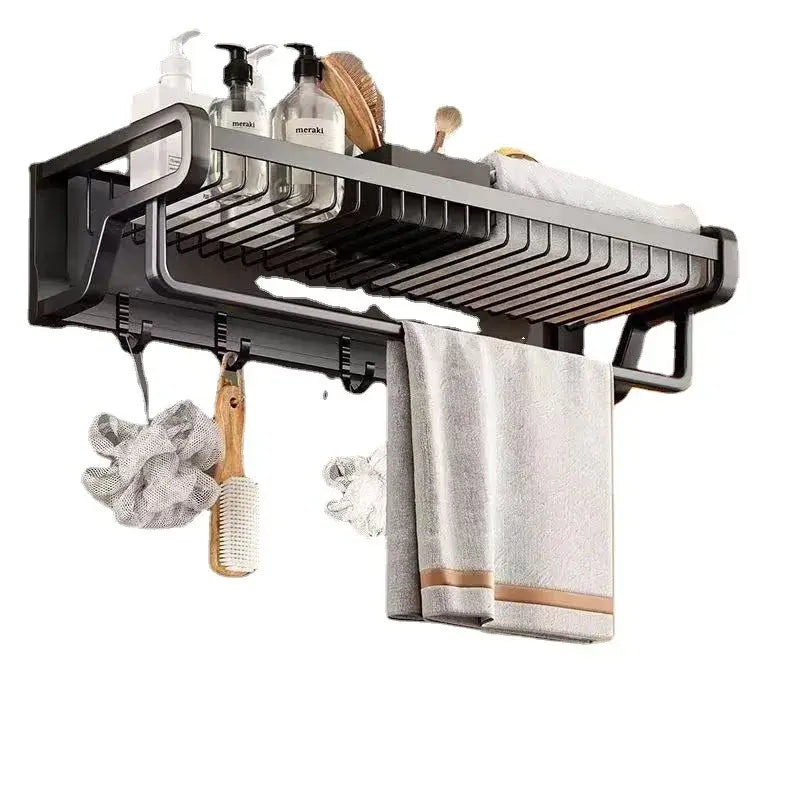 Black metal aluminum bathroom towel holder with hook and wire mesh storage basket holding toiletries and towels